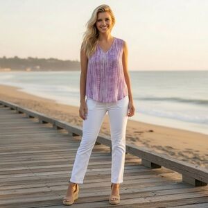 NWT Bella Dahl V-Neck Smocked Top Orchid Stripe Summer Vacation Resort